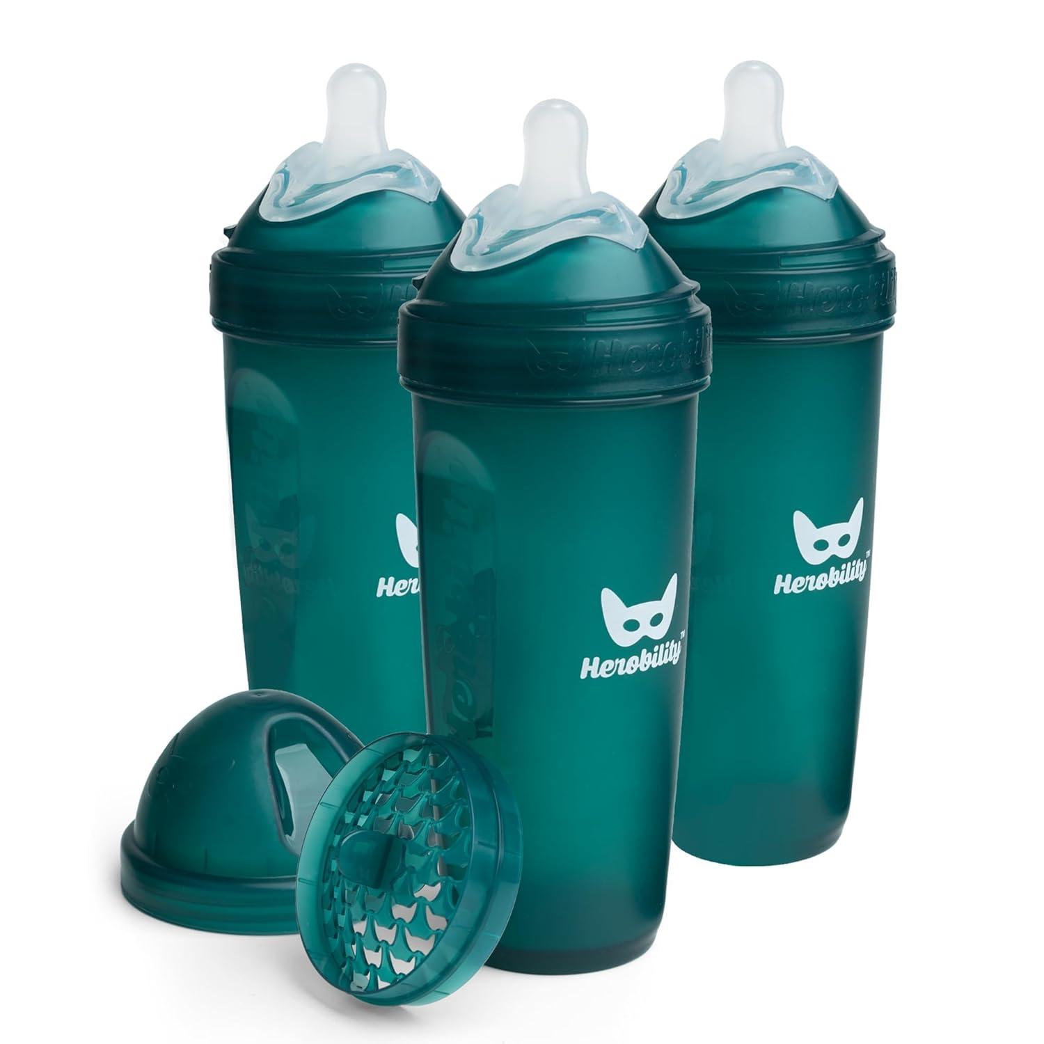 image:imageHerobility AntiColic Baby Bottles 5 fl oz 140 ml Pack of 3 Newborn Baby Bottles Slow Flow Plastic Bottles BreastShaped Teat for Breastfed Babies Small Baby Bottles Swedish Design PurpleA5 Dark Green