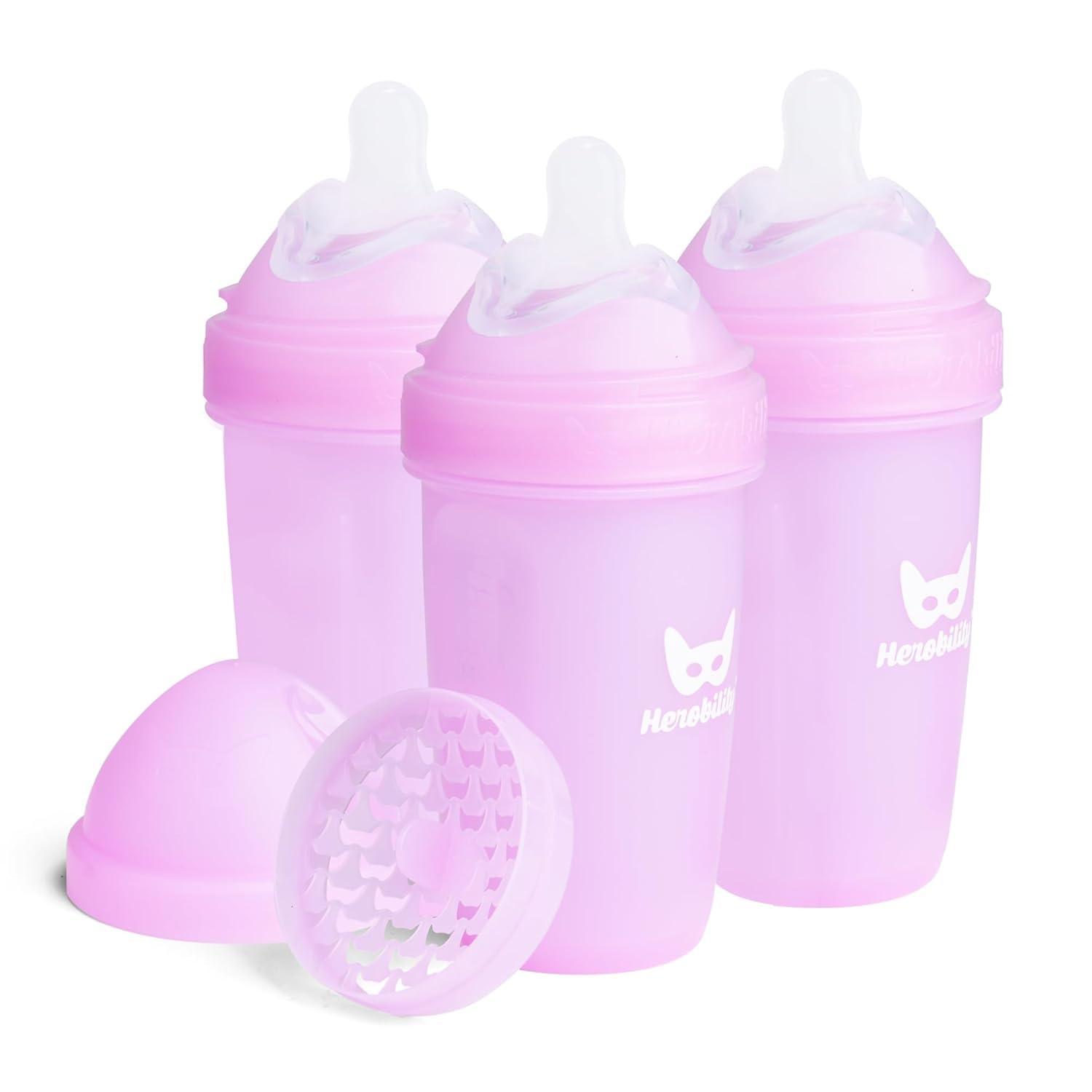 image:imageHerobility AntiColic Baby Bottles 5 fl oz 140 ml Pack of 3 Newborn Baby Bottles Slow Flow Plastic Bottles BreastShaped Teat for Breastfed Babies Small Baby Bottles Swedish Design PurpleA6 Purple