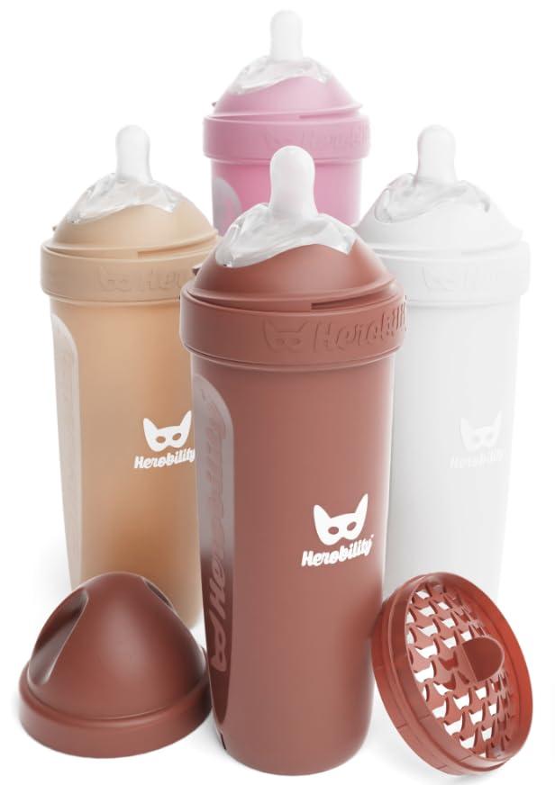 image:imageHerobility AntiColic Baby Bottles 5 fl oz 140 ml Pack of 3 Newborn Baby Bottles Slow Flow Plastic Bottles BreastShaped Teat for Breastfed Babies Small Baby Bottles Swedish Design PurpleA3 Sand Woodchuck Pink White