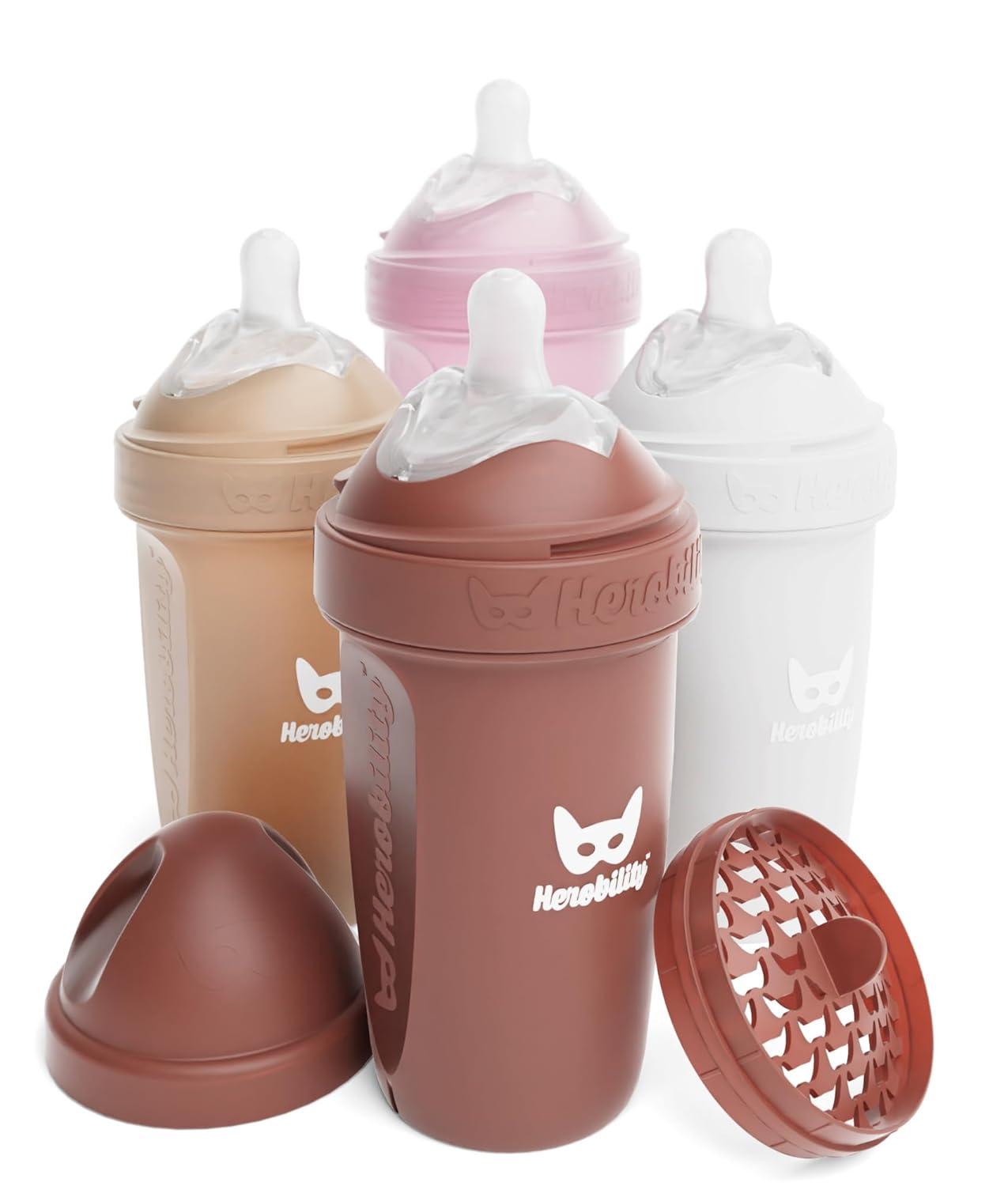 image:imageHerobility AntiColic Baby Bottles 5 fl oz 140 ml Pack of 3 Newborn Baby Bottles Slow Flow Plastic Bottles BreastShaped Teat for Breastfed Babies Small Baby Bottles Swedish Design PurpleA3 Sand Woodchuck Pink White