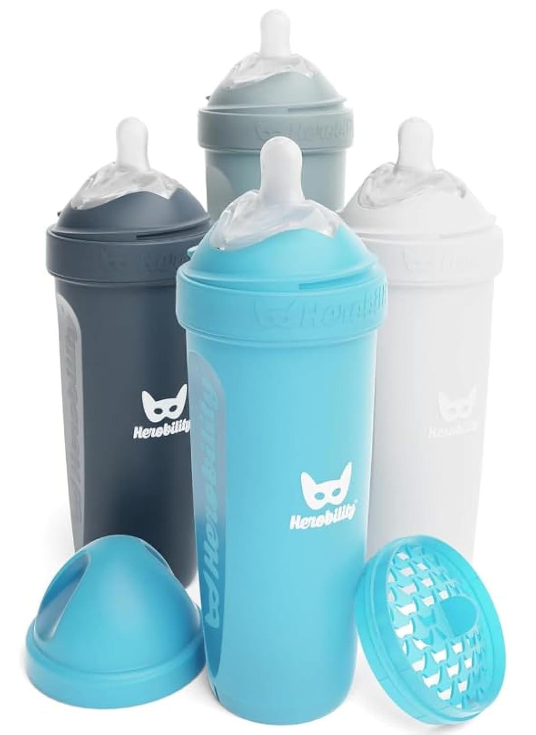 image:imageHerobility AntiColic Baby Bottles 5 fl oz 140 ml Pack of 3 Newborn Baby Bottles Slow Flow Plastic Bottles BreastShaped Teat for Breastfed Babies Small Baby Bottles Swedish Design PurpleA2 White Gray Iron Blue Blue
