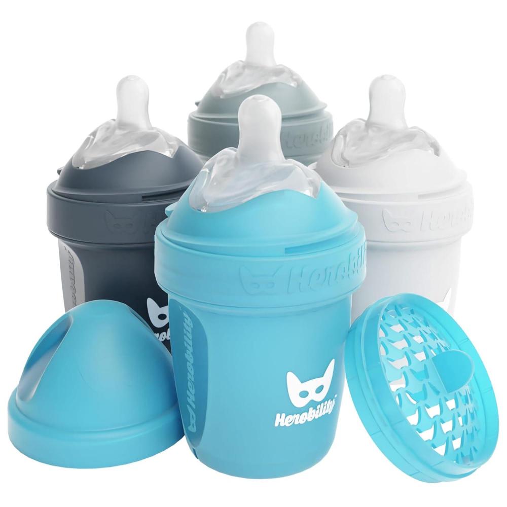 image:imageHerobility AntiColic Baby Bottles 5 fl oz 140 ml Pack of 3 Newborn Baby Bottles Slow Flow Plastic Bottles BreastShaped Teat for Breastfed Babies Small Baby Bottles Swedish Design PurpleA2 White Gray Iron Blue Blue