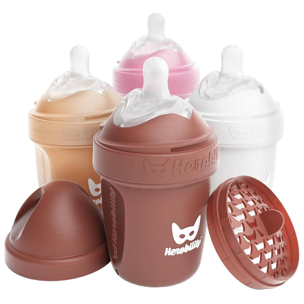 image:imageHerobility AntiColic Baby Bottles 5 fl oz 140 ml Pack of 3 Newborn Baby Bottles Slow Flow Plastic Bottles BreastShaped Teat for Breastfed Babies Small Baby Bottles Swedish Design PurpleA3 Sand Woodchuck Pink White