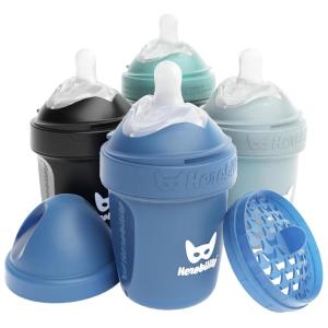 image:imageHerobility AntiColic Baby Bottles 5 fl oz 140 ml  Pack of 3 Newborn Baby Bottles Slow Flow Plastic Bottles BreastShaped Teat for Breastfed Babies Small Baby Bottles Swedish Design PurpleA4 Denim  Black  Dusky Green  Gray
