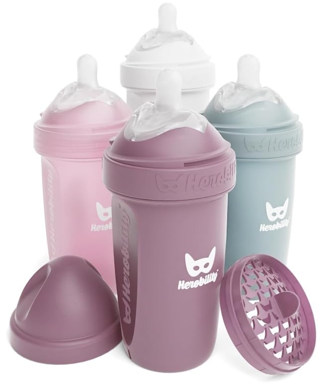 image:imageHerobility AntiColic Baby Bottles 85 fl oz240ml Pack of 4 Plastic Baby Bottles Medium Flow Plastic Bottles BreastShaped Teat for Breastfed Babies Multicolor Denim Black Dusky Green GrayA1 White Gray Pink Hawthorn Rose