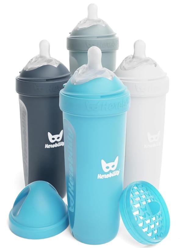 image:imageHerobility AntiColic Baby Bottles 85 fl oz240ml Pack of 4 Plastic Baby Bottles Medium Flow Plastic Bottles BreastShaped Teat for Breastfed Babies Multicolor Denim Black Dusky Green GrayA2 White Gray Iron Blue Blue