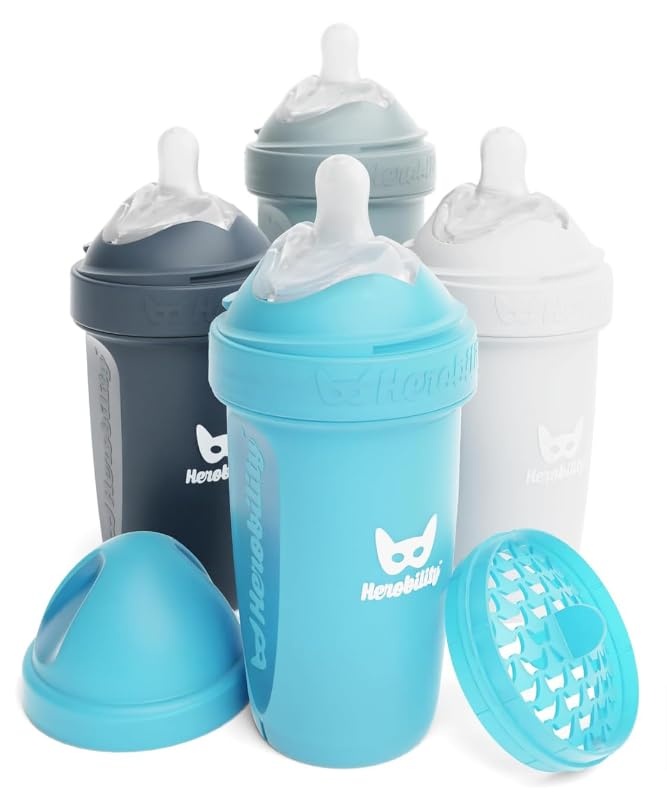 image:imageHerobility AntiColic Baby Bottles 85 fl oz240ml Pack of 4 Plastic Baby Bottles Medium Flow Plastic Bottles BreastShaped Teat for Breastfed Babies Multicolor Denim Black Dusky Green GrayA2 White Gray Iron Blue Blue