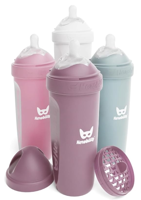 image:imageHerobility AntiColic Baby Bottles 85 fl oz240ml Pack of 4 Plastic Baby Bottles Medium Flow Plastic Bottles BreastShaped Teat for Breastfed Babies Multicolor Denim Black Dusky Green GrayA1 White Gray Pink Hawthorn Rose