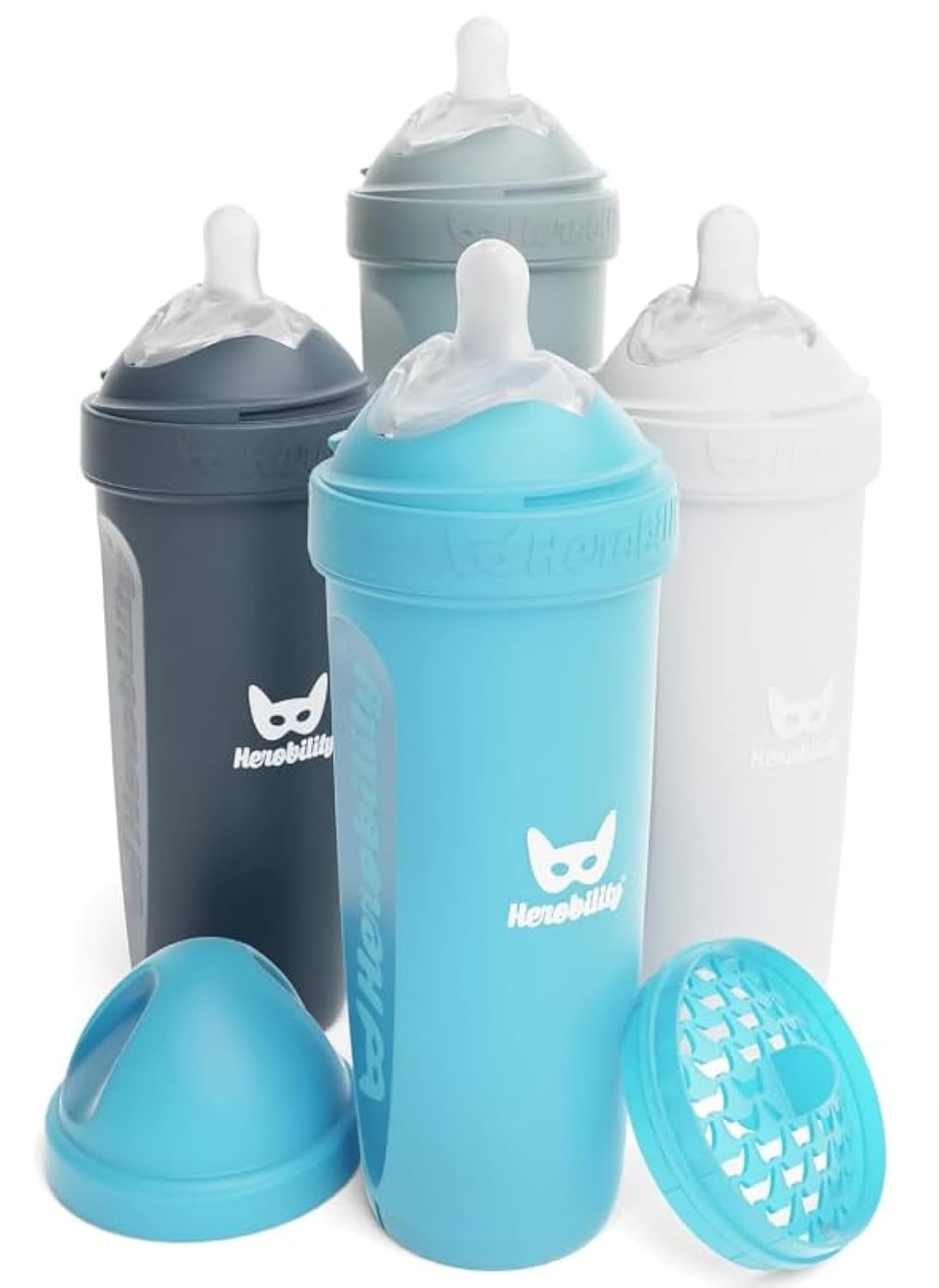 image:imageHerobility AntiColic Baby Bottles 85 fl oz240ml Pack of 4 Plastic Baby Bottles Medium Flow Plastic Bottles BreastShaped Teat for Breastfed Babies Multicolor Denim Black Dusky Green GrayA2 White Gray Iron Blue Blue