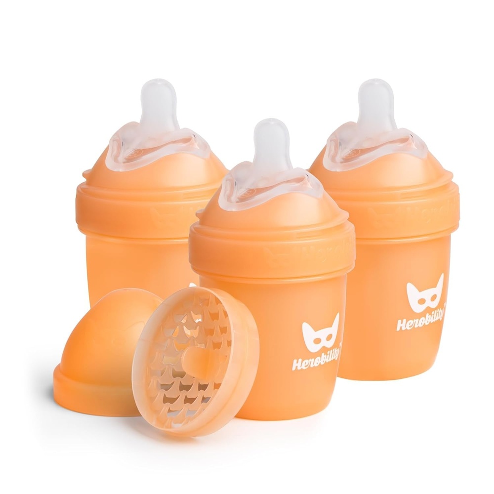 image:imageHerobility AntiColic Baby Bottles 85 fl oz240ml Pack of 4 Plastic Baby Bottles Medium Flow Plastic Bottles BreastShaped Teat for Breastfed Babies Multicolor Denim Black Dusky Green GrayA7 Peach